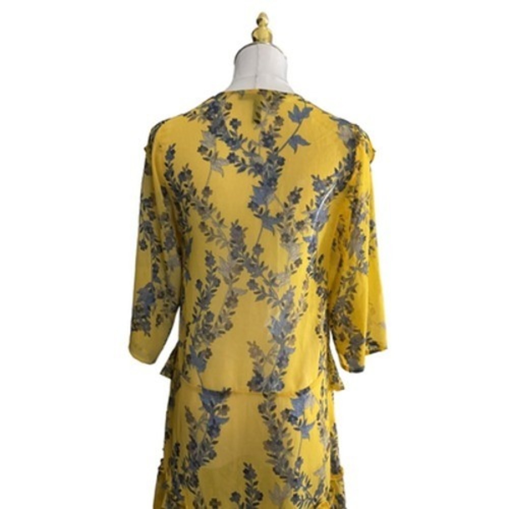 BCBGMAXAZRIA Yellow Gray Floral Ruffle Tiered V-Neck Midi Dress XXS - Picture 12 of 13